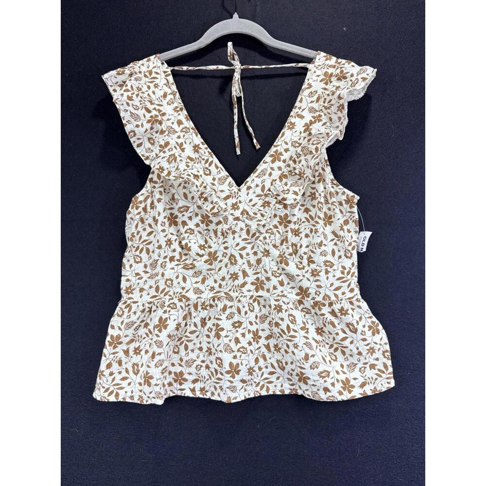 Flutter-Sleeve Floral V-Neck Tie-Back Top for Women Tan Cream Old Navy LG Boho